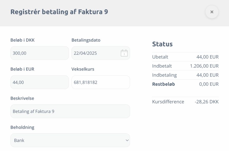 Delvis betaling af udenlandsk faktura 