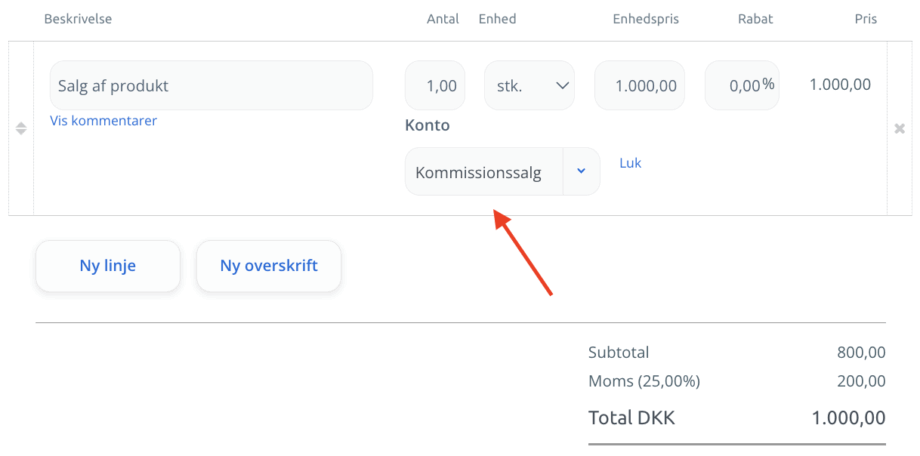 Opret faktura ifm. kommissionssalg