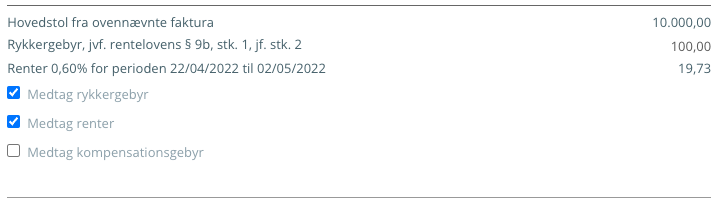 Faktura 10 dage over forfaldsdato med hovestol på 10.000 DKK