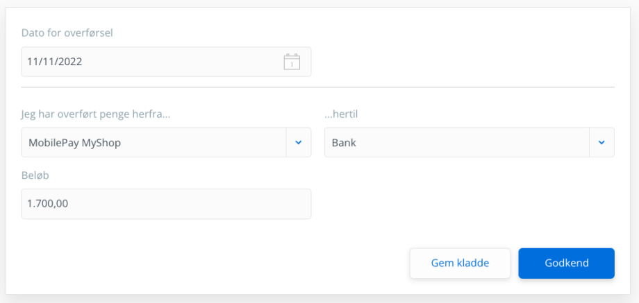 Flytning af penge mellem beholdninger - fra myshop til bank