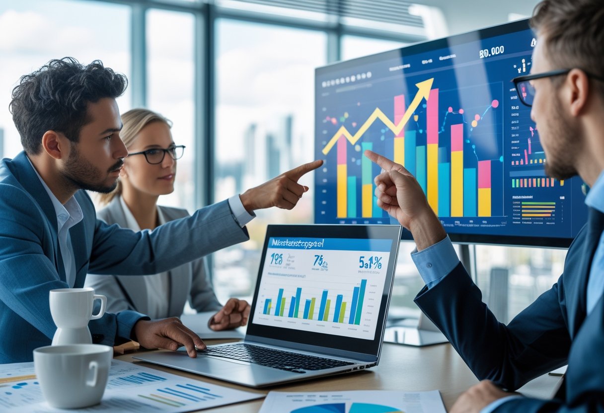 Forretningsfolk analyserer grafer og data om markedsefterspørgsel i et lyst kontormiljø.