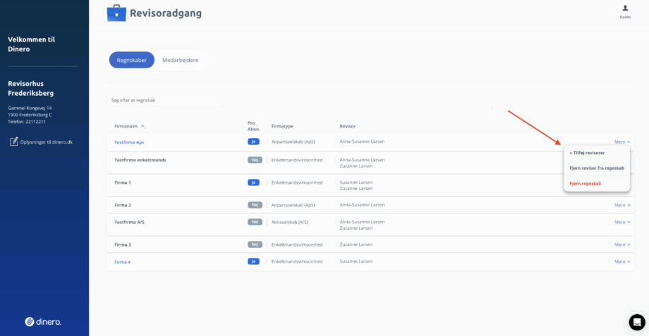 Muligheder ved klik af "mere" i overblik 